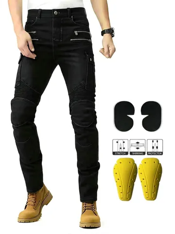 Jeans da Moto Slim Fit da Uomo Biker Pantaloni Tattici All'aperto Con Protezioni Ginocchia Rimovibili Pantaloni in Denim di Cotone Biker