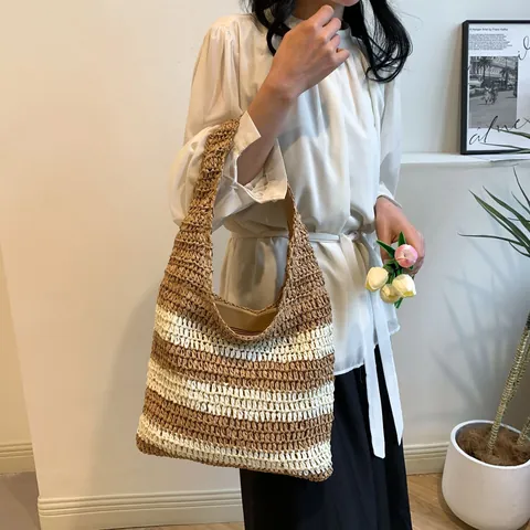 Borsa Tote in Paglia a Righe di Grande Capacità per Donna Borsa a Tracolla Casual per Vacanze al Mare Semplice Borsa Hobo Estiva