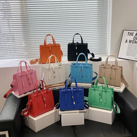 Women Fashion PU Leather Square Tote Bag With Wide Shoulder Strap Gold Hardware Solid Color Commuting Shoulder Crossbody Bag