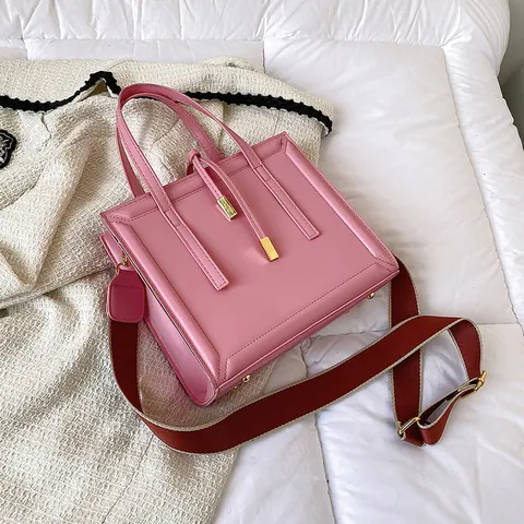 Women Fashion PU Leather Square Tote Bag With Wide Shoulder Strap Gold Hardware Solid Color Commuting Shoulder Crossbody Bag