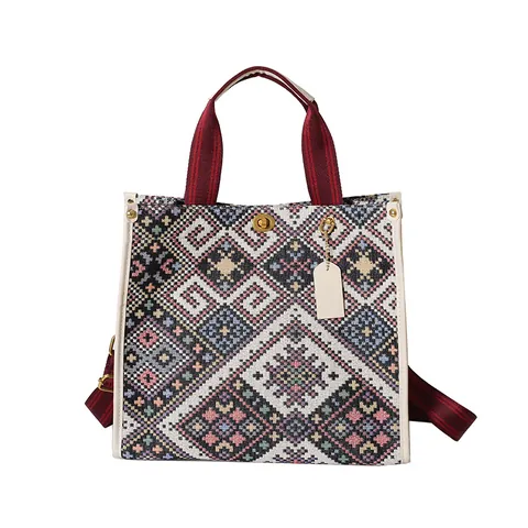 Borsa Tote da Donna Retrò Etnica Geometrica Jacquard Grande Capacità Tela Pelle Sintetica Borsa a Mano Con Chiusura in Metallo Tracolla Regolabile