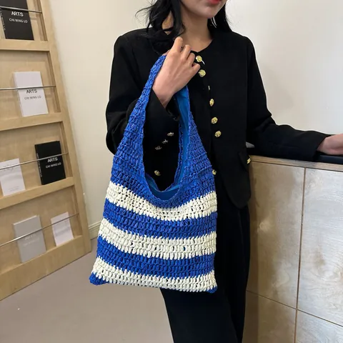 Borsa Tote in Paglia a Righe di Grande Capacità per Donna Borsa a Tracolla Casual per Vacanze al Mare Semplice Borsa Hobo Estiva