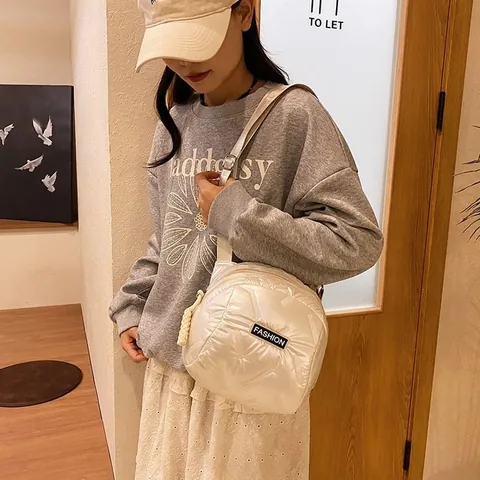 Women's Quilted Puffer Crossbody Bag PU Material Padded Shoulder Bag Solid Color Space Cotton Bag For Daily Commute