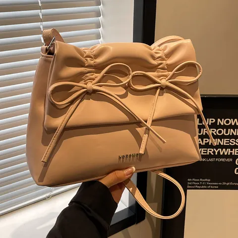 Bolso de Hombro Mujer Moda Lazo Plisado Cuero PU Gran Capacidad Viaje Diario Bolso Bandolera Versátil Color Sólido