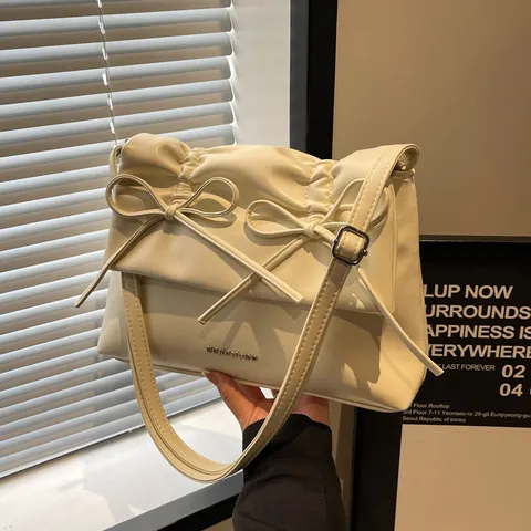 Bolso de Hombro Mujer Moda Lazo Plisado Cuero PU Gran Capacidad Viaje Diario Bolso Bandolera Versátil Color Sólido
