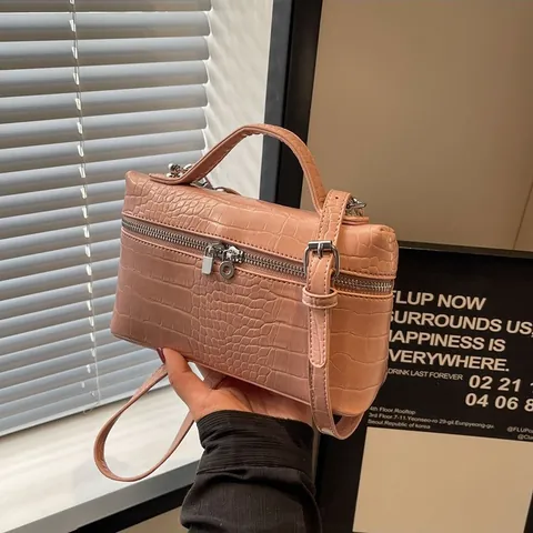 Borsa a Scatola con Motivo Coccodrillo Moda Donna in Pelle PU Borsa a Tracolla Minimalista Doppia Cerniera Manico Superiore