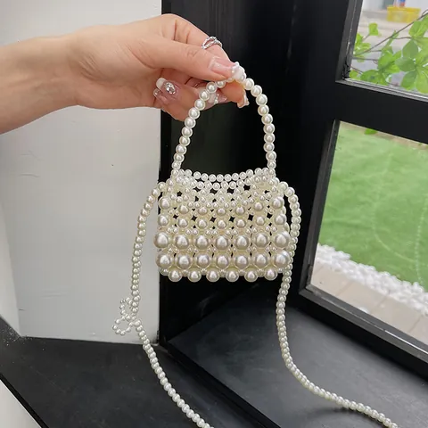 Vintage Woven Faux Pearl Mini Crossbody Bag For Women Elegant Evening Party Beaded Handbag With Bowtie Decoration