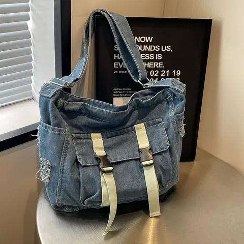 Damen Casual Denim Canvas Umhängetasche Große Kapazität Kontrastnähte Distressed Crossbody Tasche Für Schule Reise Alltag