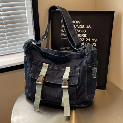 Damen Casual Denim Canvas Umhängetasche Große Kapazität Kontrastnähte Distressed Crossbody Tasche Für Schule Reise Alltag