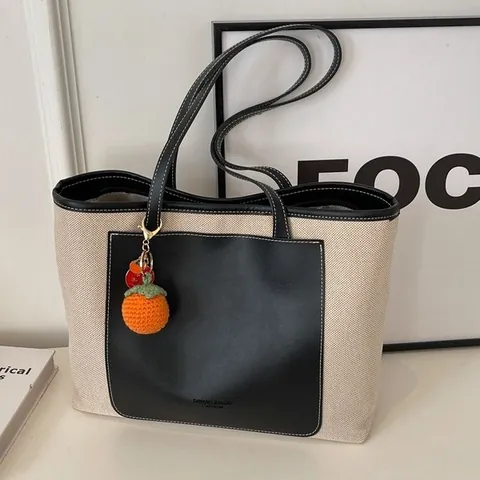 Women Large Capacity Tote Bag Canvas PU Leather Stitching Contrast Color Shoulder Bag Commuter Handbag With Persimmon Pendant
