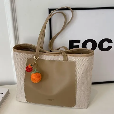 Women Large Capacity Tote Bag Canvas PU Leather Stitching Contrast Color Shoulder Bag Commuter Handbag With Persimmon Pendant