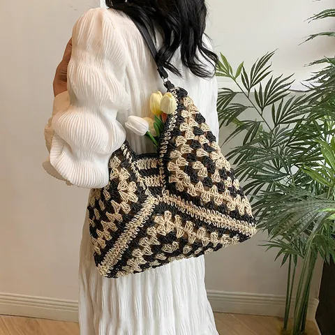 Dames Zomer Stro Gevlochten Tote Bag Geometrische Haakwerk Schoudertas Met PU Leren Riem Strand Vakantie Handtas