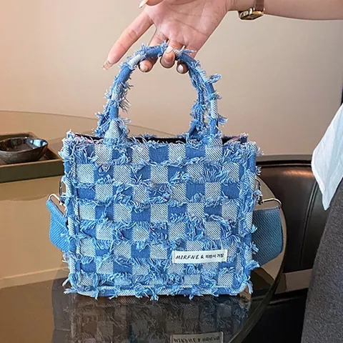 Women Korean Style Checkered Denim Tote Bag Frayed Edge Small Square Shoulder Crossbody Bag With Adjustable Strap