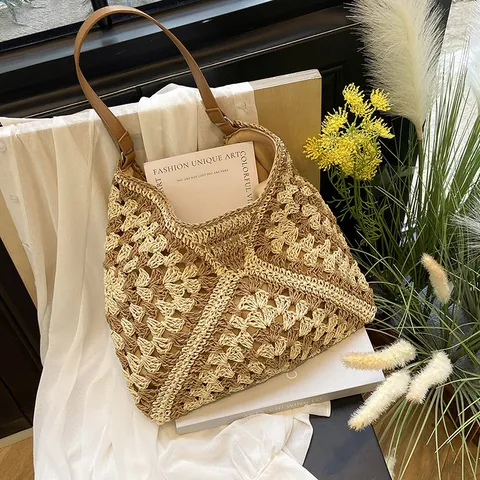 Dames Zomer Stro Gevlochten Tote Bag Geometrische Haakwerk Schoudertas Met PU Leren Riem Strand Vakantie Handtas