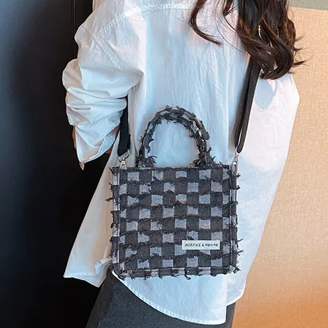 Women Korean Style Checkered Denim Tote Bag Frayed Edge Small Square Shoulder Crossbody Bag With Adjustable Strap