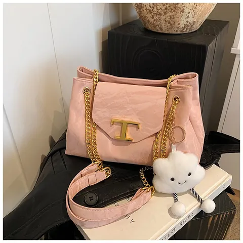 Women Fashion Crinkled PU Leather Tote Bag Double Layer Large Capacity Crossbody Bag With Gold Chain And Cloud Pendant