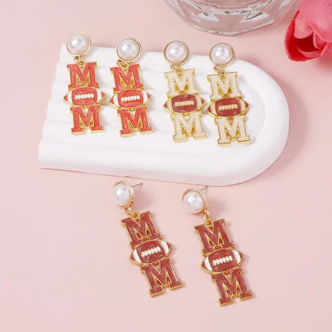 Fashion MOM Letter Rugby Football Drop Earrings Faux Artificial Pearl Enamel Zinc Alloy Sporty Earrings Mother's Day Gift For Women