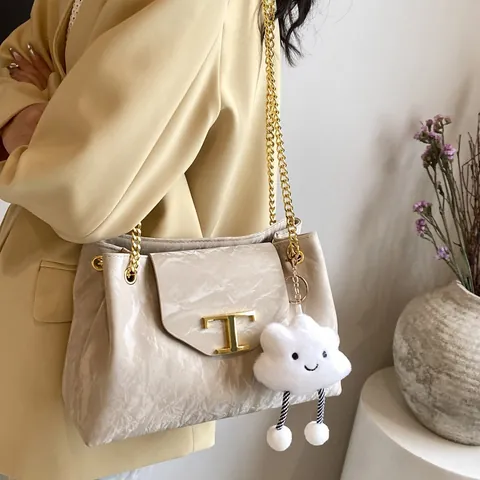 Women Fashion Crinkled PU Leather Tote Bag Double Layer Large Capacity Crossbody Bag With Gold Chain And Cloud Pendant