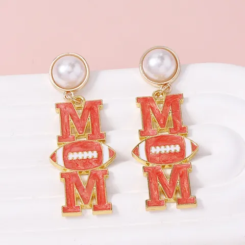 Fashion MOM Letter Rugby Football Drop Earrings Faux Artificial Pearl Enamel Zinc Alloy Sporty Earrings Mother's Day Gift For Women