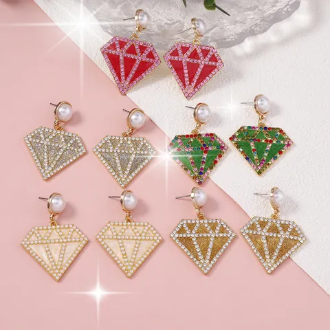 Pendientes Largos Geométricos de Moda Forma de Diamante Con Perla de Imitación Strass Incrustado Aleación de Zinc Joyería Elegante Mujer