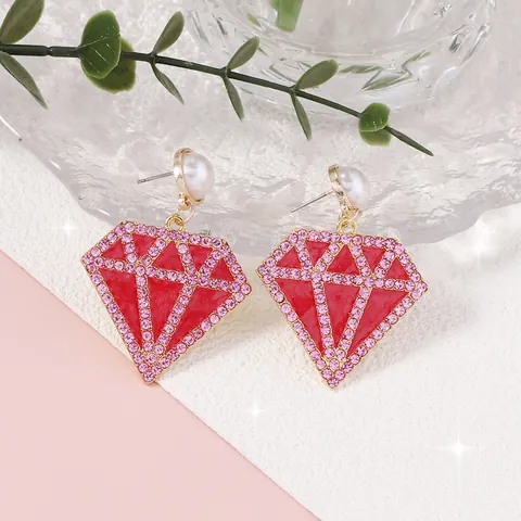 Pendientes Largos Geométricos de Moda Forma de Diamante Con Perla de Imitación Strass Incrustado Aleación de Zinc Joyería Elegante Mujer