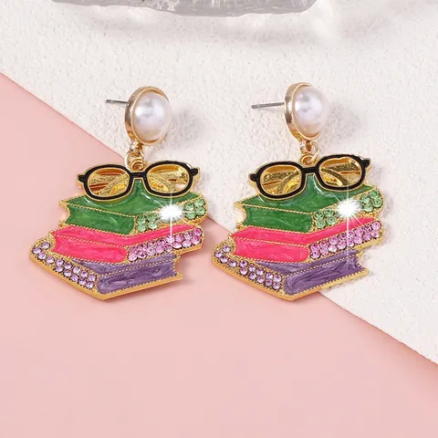 Kreative Buchstapel Brille Ohrhänger Emaille Strass Künstliche Perle Akademischer Stil Ohrringe Schmuck Für Damen