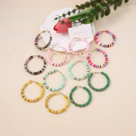 Bohemian Colorful Heishi Polymer Clay Hoop Earrings For Women Contrast Color Large Round Beaded Alloy Jewelry Gift