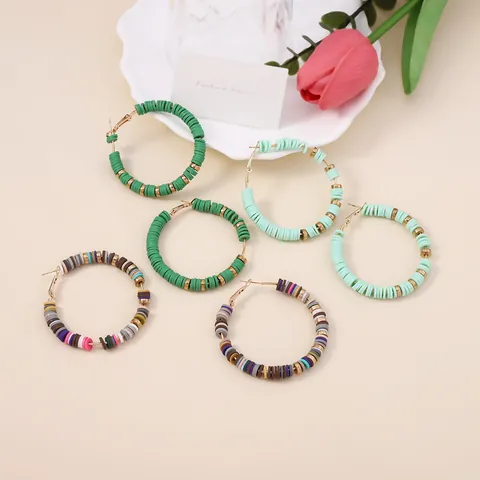 Bohemian Colorful Heishi Polymer Clay Hoop Earrings For Women Contrast Color Large Round Beaded Alloy Jewelry Gift