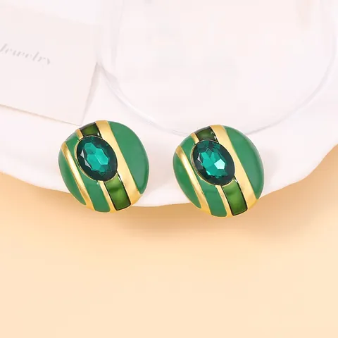 Vintage Geometric Striped Enamel Stud Earrings Zinc Alloy Enamel Synthetic Gemstone Oval Earrings For Women Jewelry Gift