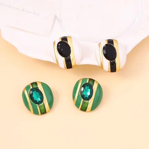 Vintage Geometric Striped Enamel Stud Earrings Zinc Alloy Enamel Synthetic Gemstone Oval Earrings For Women Jewelry Gift