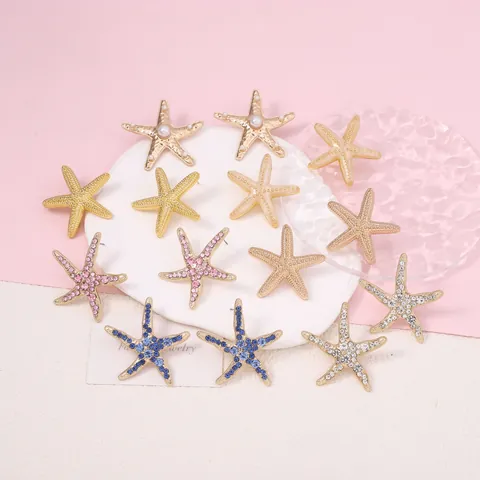 Fashion Beach Vacation Starfish Shell Stud Earrings Gold Alloy Rhinestone Faux Artificial Pearl Jewelry For Women Summer Travel