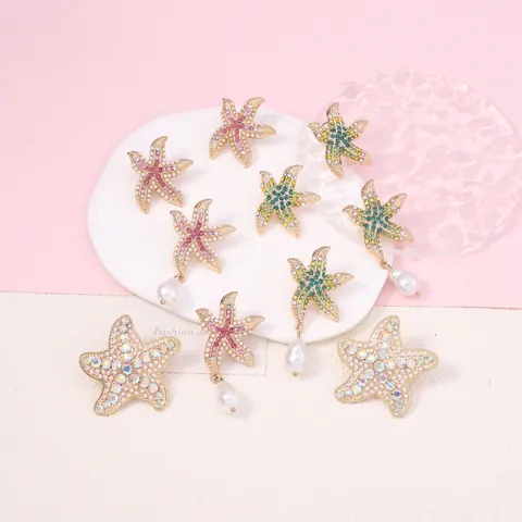 Fashion Beach Vacation Starfish Shell Stud Earrings Gold Alloy Rhinestone Faux Artificial Pearl Jewelry For Women Summer Travel