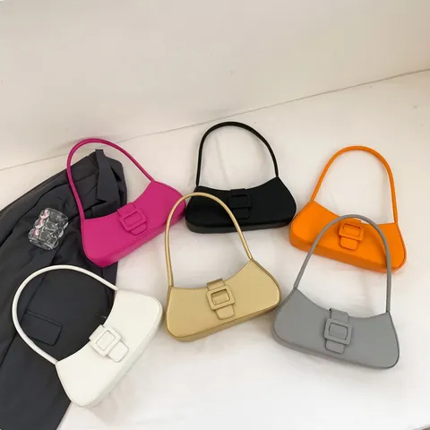 Damen Minimalistische PU-Leder Unterarmtasche Mode Einfarbig Baguette Schultertasche Quadratische Schnalle Klappenhandtasche