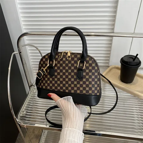 Bolso de Concha Retro con Monograma Geométrico para Mujer Color de Contraste Cuero PU Bolso de Hombro Cruzado con Cremallera Doble Bolso Boston Pequeño
