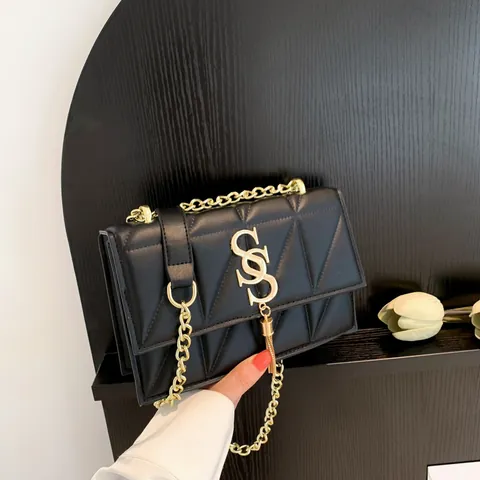Bolso de Hombro Acolchado para Mujer Bolso Bandolera de Cadena Dorada con Borla Cuero PU Bolso de Solapa Cuadrado Elegante