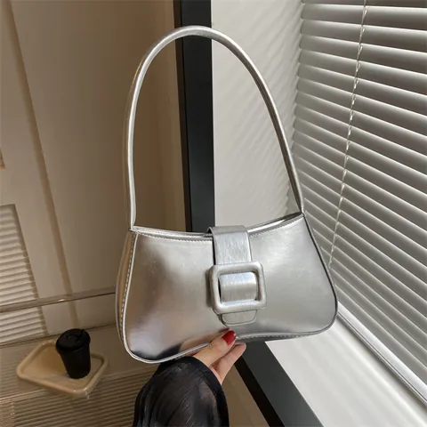 Women's Retro PU Underarm Bag Metallic Texture Baguette Shoulder Bag With Large Square Buckle For Daily Party Fashion
