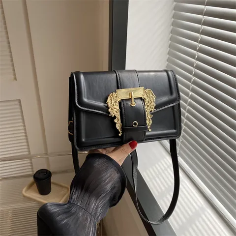 Bolso Bandolera de Cuero PU con Hebilla Dorada Barroca Vintage para Mujer Elegante Color Sólido Bolso de Hombro Cuadrado de Moda