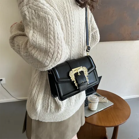 Bolso Bandolera de Cuero PU con Hebilla Dorada Barroca Vintage para Mujer Elegante Color Sólido Bolso de Hombro Cuadrado de Moda