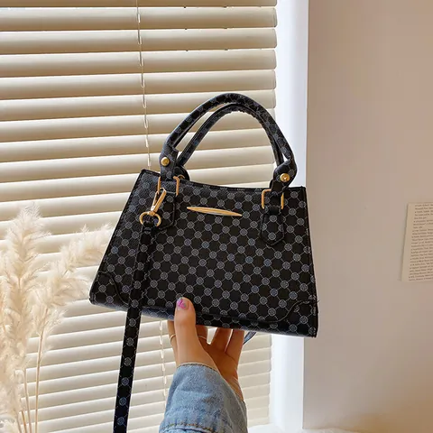 Bolso de Mano Retro con Patrón Geométrico para Mujer Cuero PU Bolso de Bandolera Cuadrado Pequeño con Correa Ajustable Herrajes Dorados