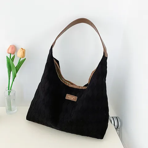 Women Quilted Diamond Grid Fabric Tote Bag Large Capacity Shoulder Bag With PU Leather Strap Minimalist Daily Commute Bag