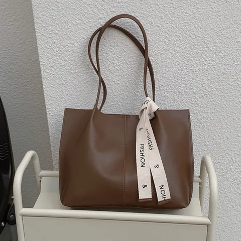 Women Vintage PU Leather Tote Bag Large Capacity Commuting Shoulder Bag With Ribbon Fashion Stitching Handbag For Daily Work