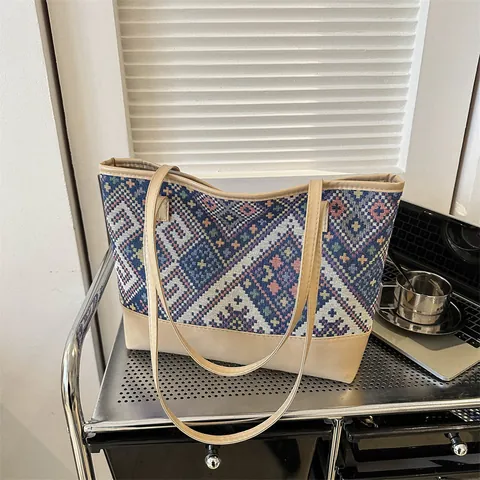 Women Ethnic Woven Tote Bag Large Capacity Geometric Pattern Patchwork PU Leather Shoulder Bag Retro Casual Handbag