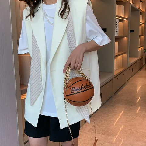Bolso de Mano Creativo con Forma de Baloncesto de Cuero PU para Mujer Cadena de Oro Gruesa Strass Bolso Bandolera Moda Callejera