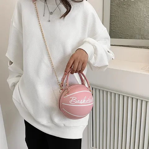 Bolso Bandolera Creativo Con Forma de Baloncesto de Cuero PU para Mujer Bolso de Mano Redondo Personalizado Con Correa de Cadena de Metal Dorado Regalo Estilo Callejero Diario