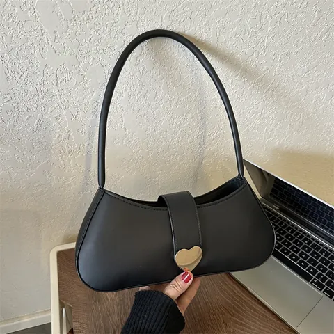 Women PU Leather Underarm Bag Gold Heart Metal Buckle Small Baguette Shoulder Bag Solid Color Casual Fashion Handbag