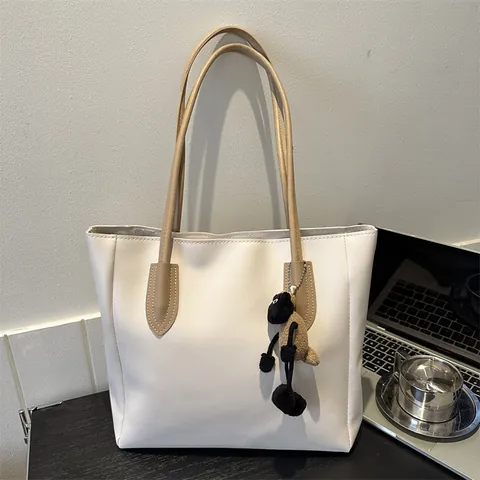 Bolso Tote de Cuero PU de Gran Capacidad para Mujer Bolso de Hombro Minimalista Retro Bolso de Mano de Viaje Con Detalle de Costuras en Contraste