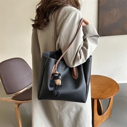 Bolso Tote de Cuero PU de Gran Capacidad para Mujer Bolso de Hombro Minimalista Retro Bolso de Mano de Viaje Con Detalle de Costuras en Contraste