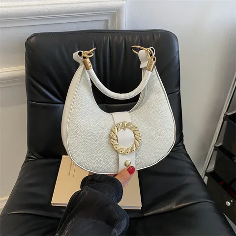 Minimalist Women PU Leather Hobo Bag With Lychee Texture Gold Metal Buckle Elegant Small Crescent Shoulder Bag For Daily Use
