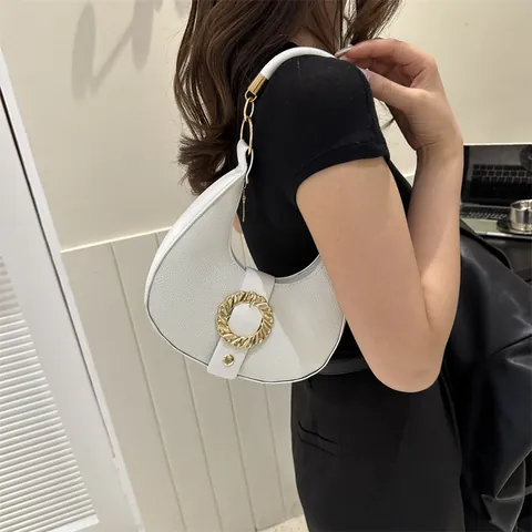 Minimalist Women PU Leather Hobo Bag With Lychee Texture Gold Metal Buckle Elegant Small Crescent Shoulder Bag For Daily Use