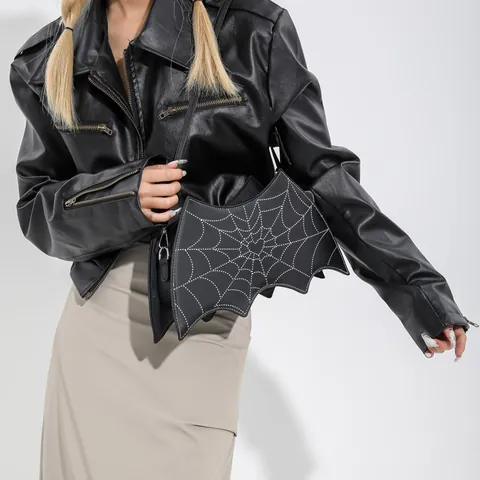 Borsa a Tracolla Halloween in Pelle PU a Forma di Pipistrello Con Cuciture a Ragnatela Borsa Gotica per Feste da Donna